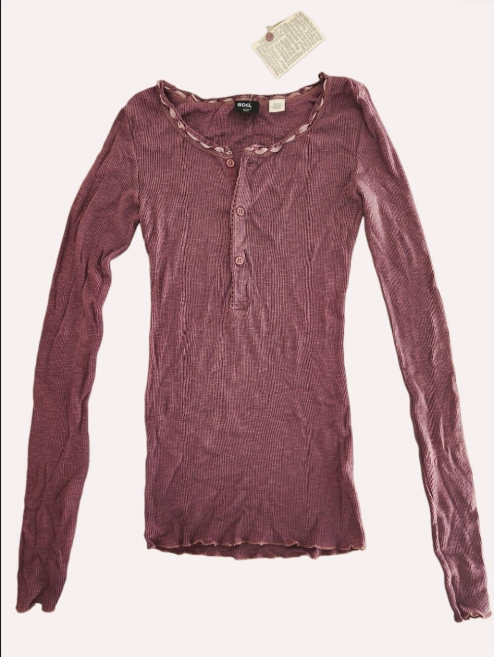 BDG Long Sleeve Ribbed Henley Top In Wine Size Small NWT UO